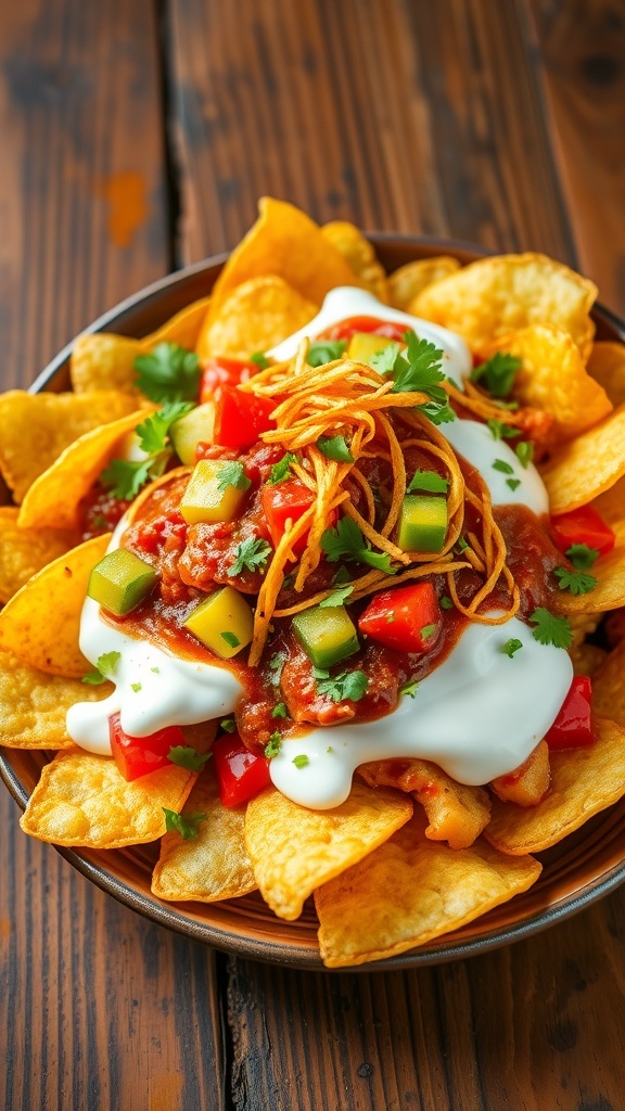 Spicy Indian Chips Chaat Recipe A plate of spicy chips chaat with yogurt, chutneys, and vegetables, garnished with sev and cilantro.